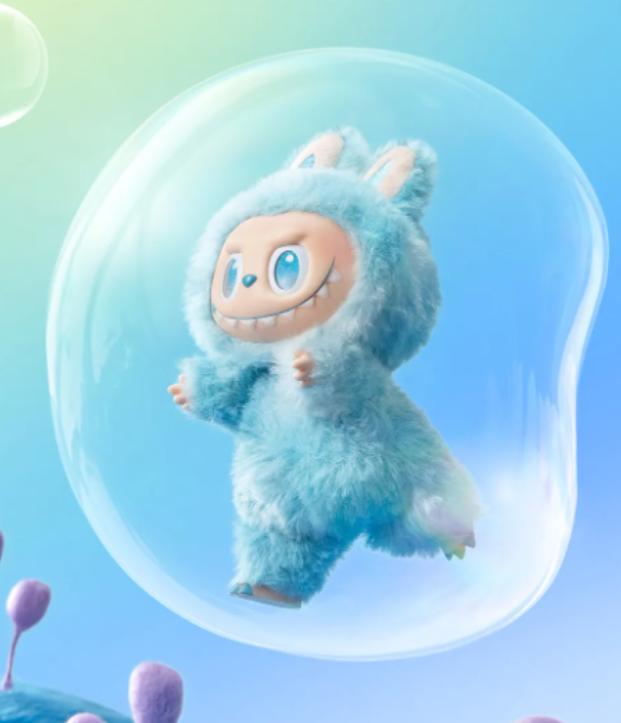 Cartoon character in a blue outfit floating inside a bubble against a light blue background