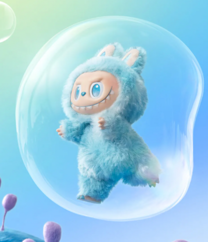 Cartoon character in a blue outfit floating inside a bubble against a light blue background